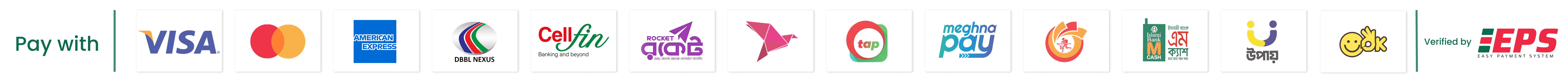 Pay with Visa, Mastercard, American Express, DBBL Nexus, CellFin, Rocket, tap, Meghna Pay, Upay, OK Wallet — Verified by EPS